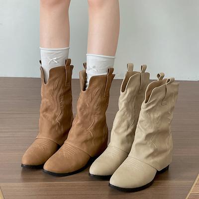 Мода Винтаж Осень Толстый Каблук Женские Западные Ковбойские Сапоги Мода Женские Слипоны Вышивка Короткие Ботильоны