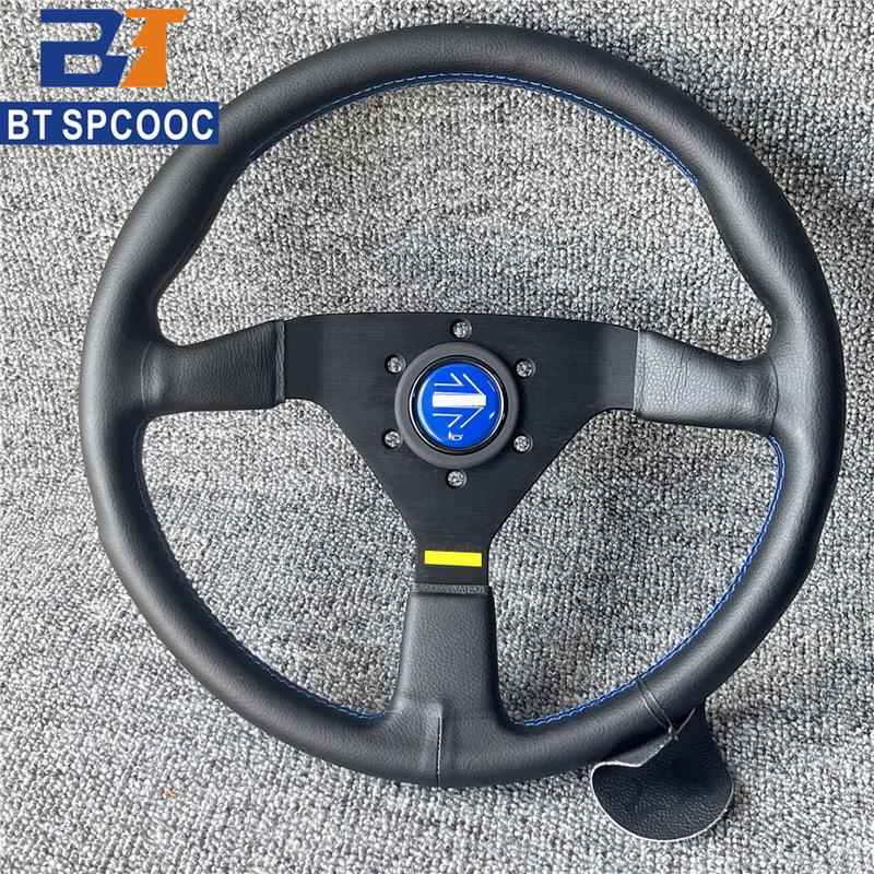 Blue Yellow Stitching Italy Style V1 Steering Wheel Real Leather 14inch 350mm Flat Italy Back Engraving Racing Street Sport
