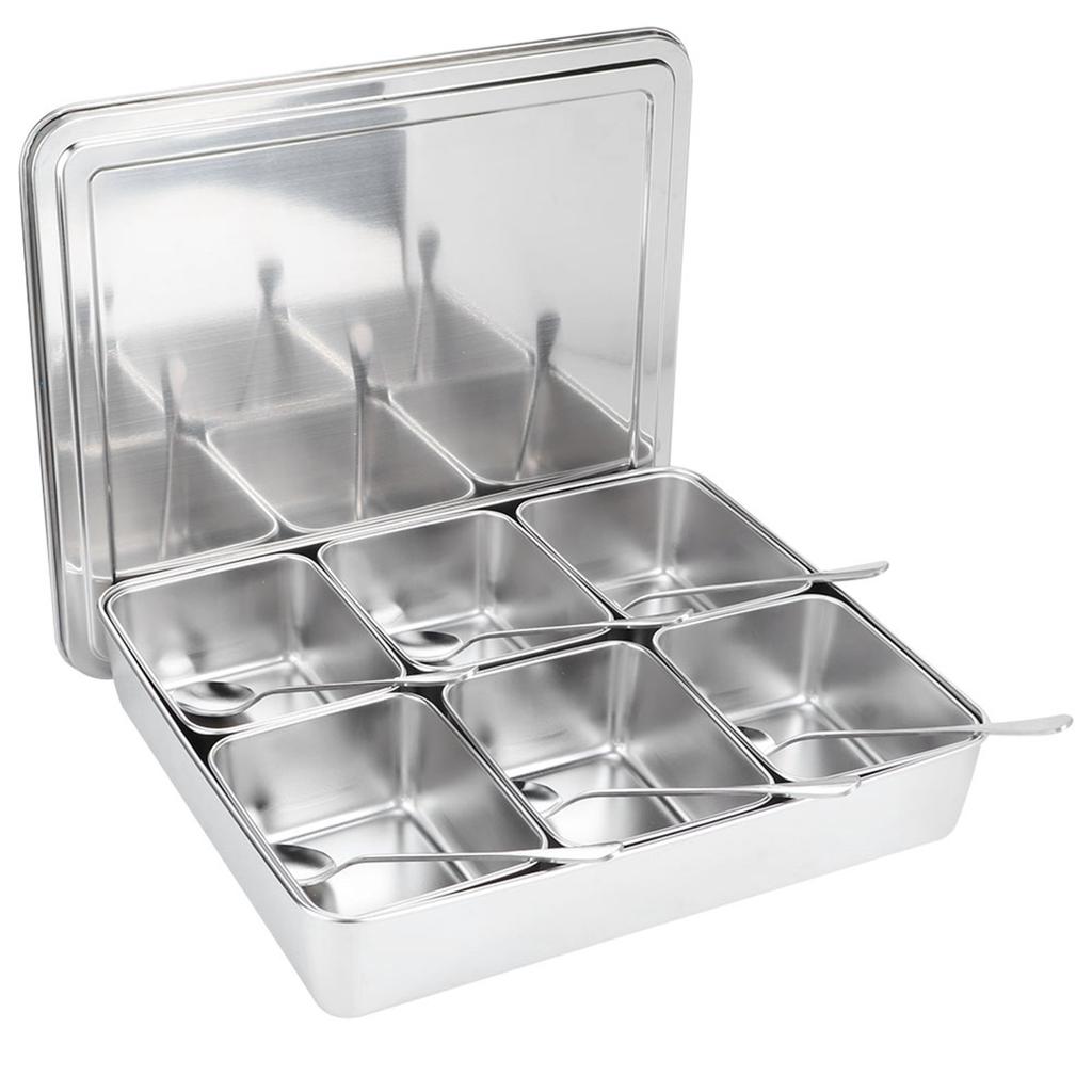 6‑Grid Stainless Steel Seasoning Box Jar Storage Container Set with Spoons Kitchen Utensils