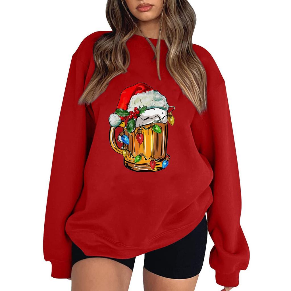 Women's Casual Round Neck Long Sleeved Pullover,Christmas Printed Top, Long Sleeved Hoodie