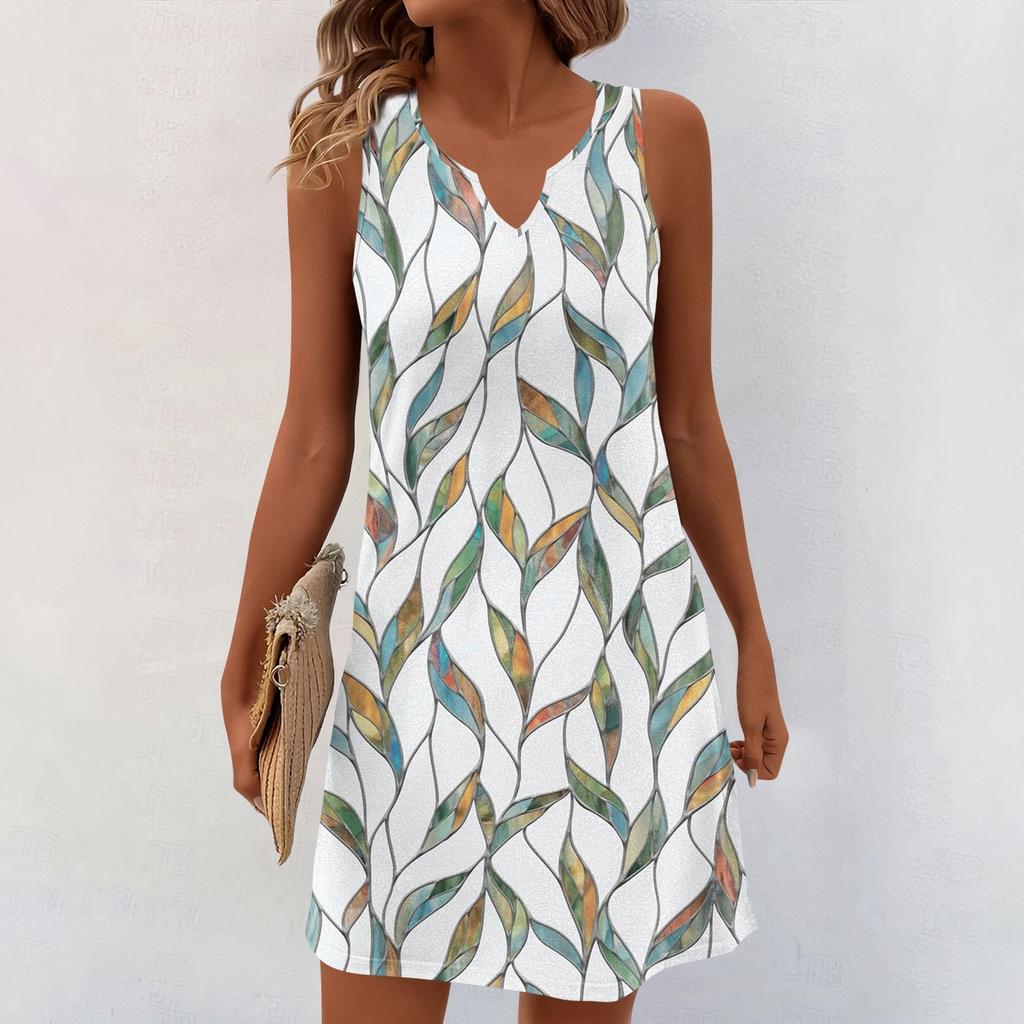 Женские летние платья с V-образным вырезом и принтом без рукавов Сарафан Повседневное платье