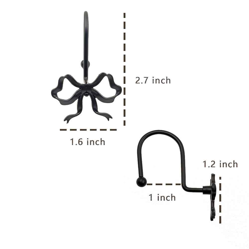 12Pcs Black Bow Shower Curtain Hooks For Standard Shower Rods