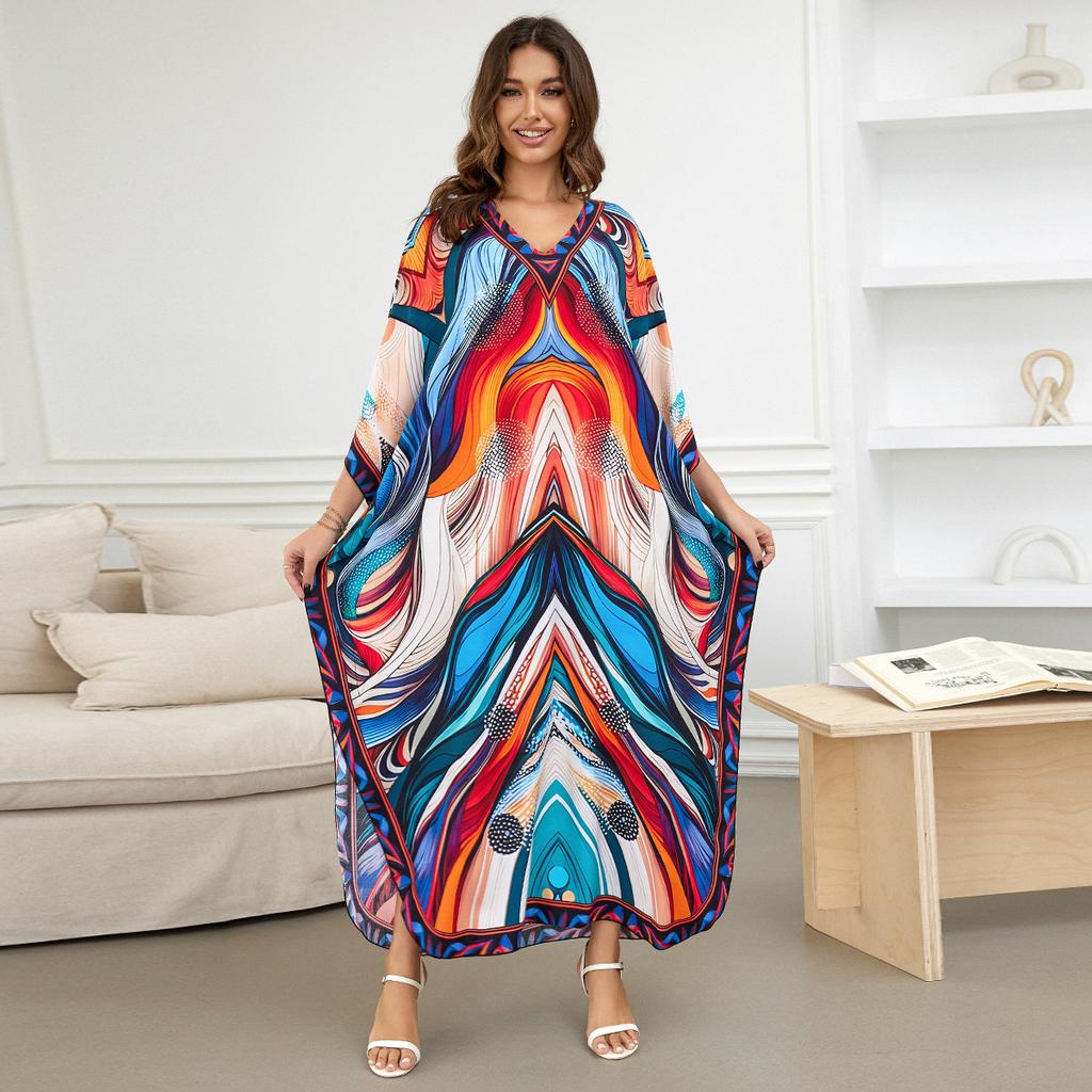 Printed Beach Dresses Viscose Kaftans for Women Summer Plus Size Loose Robe Holiday Living Room Bathing Suits