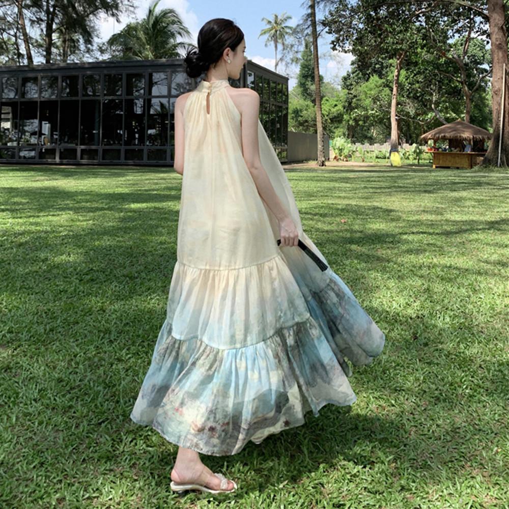 Summer Holiday Ink Printing Loose Halter Dress Women's Sleeveless Organza Beach Party Off Shoulder Lace-up Oversize Robe Femme