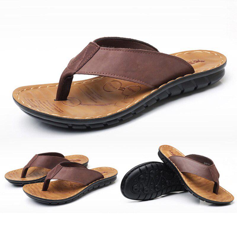 Summer Shoes Men Slippers Flat Genuine Leather Holiday Slippers Brand Mens Flip Flop Non-slip