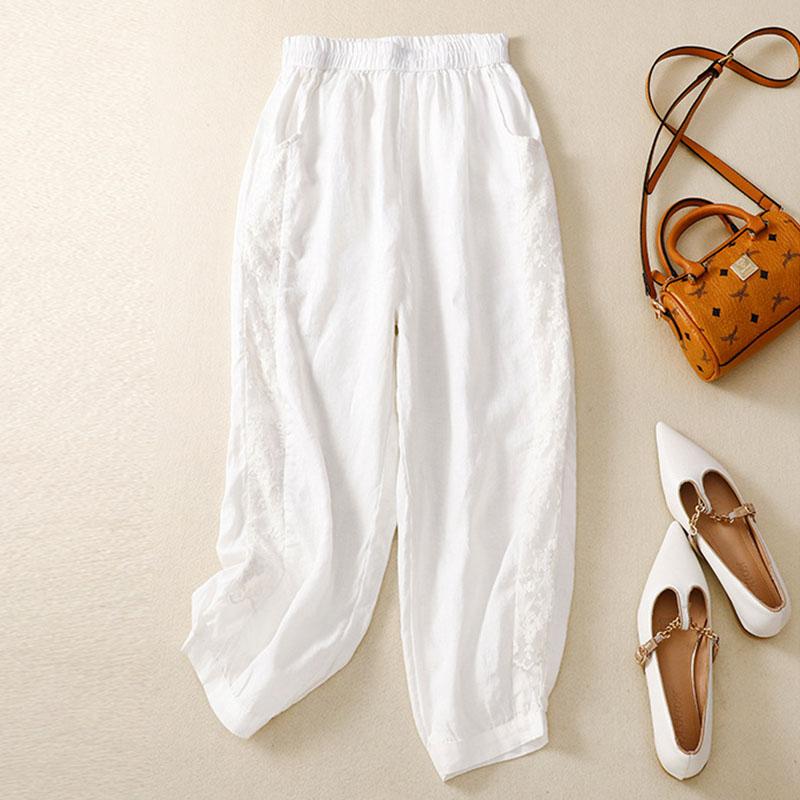Летние женские брюки, хлопковые шаровары, литературные свободные повседневные кружевные брюки-шаровары