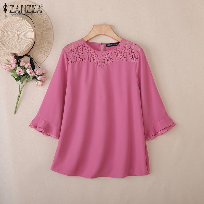 ZANZEA Женская летняя лоскутная блузка с круглым вырезом, рукавами 3/4 и свободного кроя