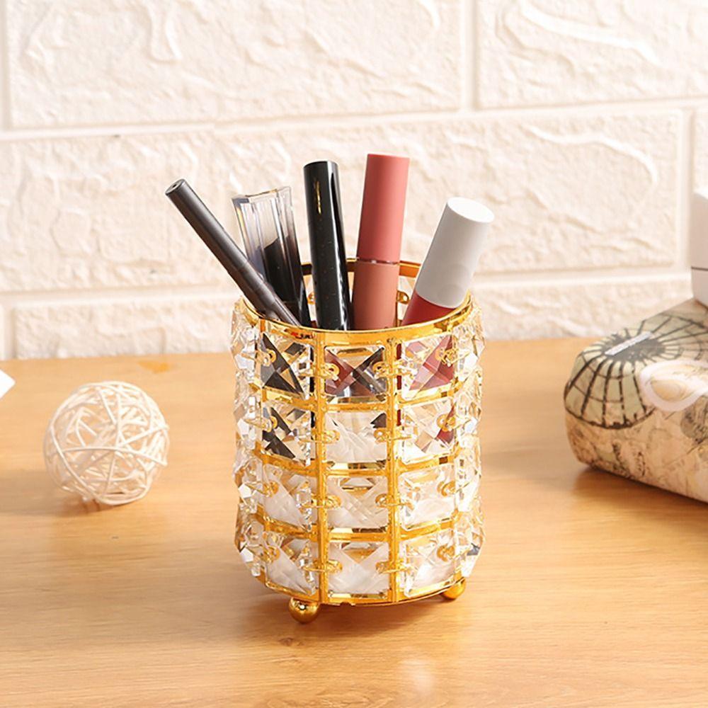 Metal+Crystal Makeup Brush Holder Desktop Organization Desktop Storage Bucket Fashion Pen Holder