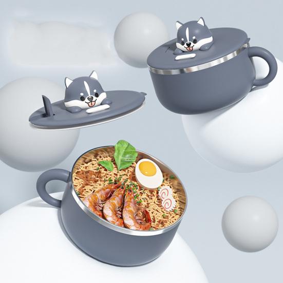 Миска для лапши с крышкой Чаша для рамэна из нержавеющей стали Салатница для общежития Держатель для офисного телефона Термостойкие ручки Двухслойные нержавеющие