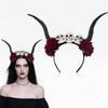 Skull Ox Horns Headband Gothic Style Red Rose Headband Hairbands Sheep Horn Hairband  Costume Party