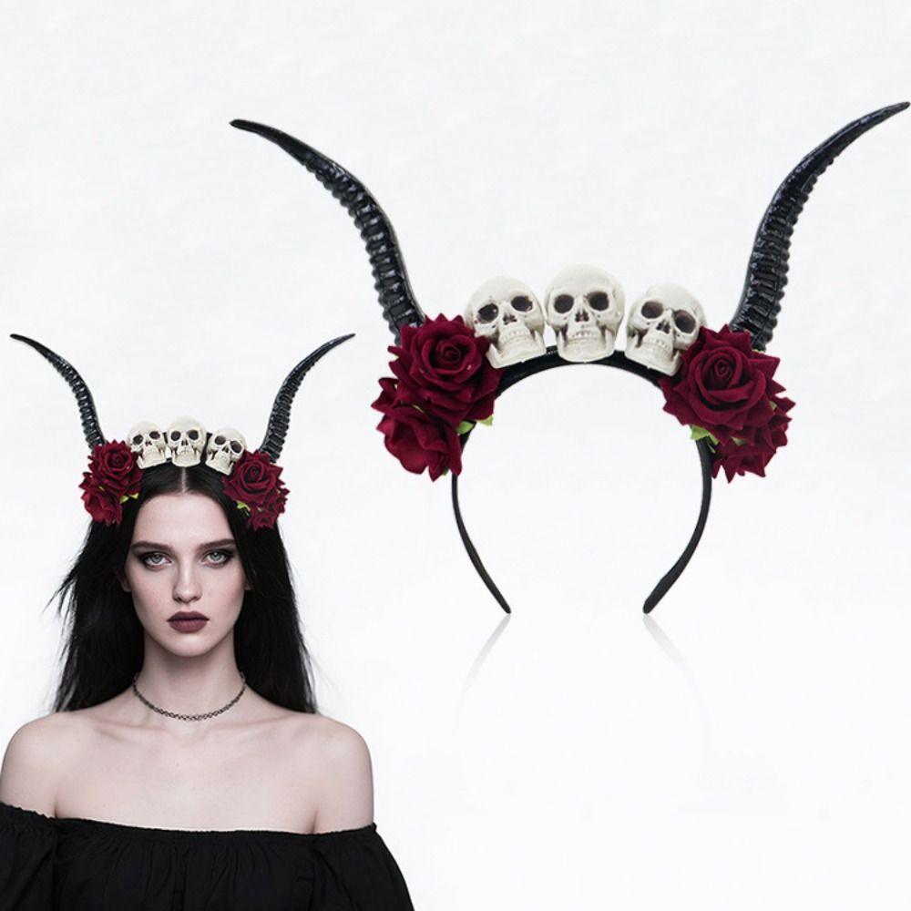 Skull Ox Horns Headband Gothic Style Red Rose Headband Hairbands Sheep Horn Hairband Costume Party