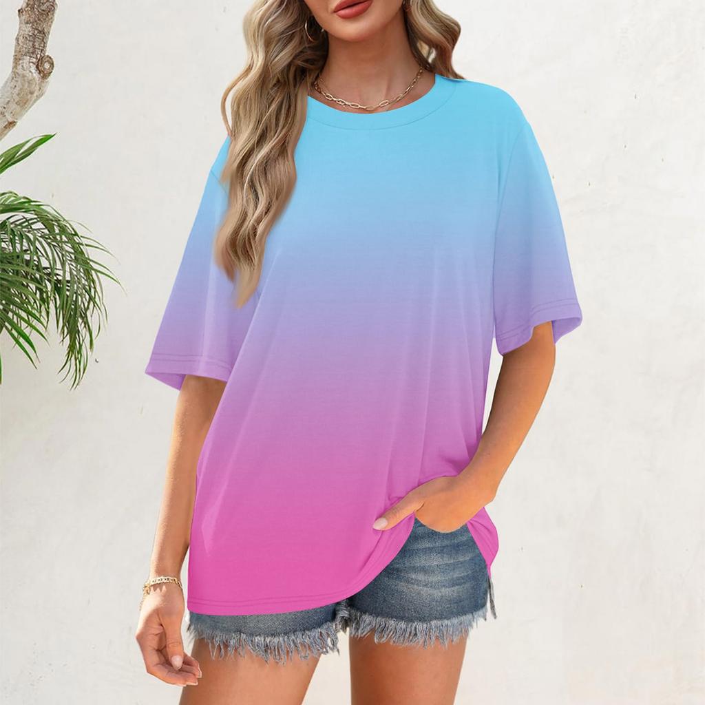 Women's Fashion Casual Gradient Color Loose Round Neck Short Sleeve Trendy Holiday T-shirt Top
