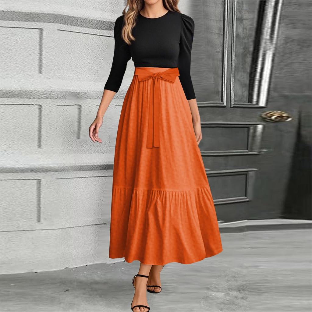 Women's Fashion Casual Belt Round Neck Solid Color Splicing Elegant Temperament Three-quarter Sleeve Dress