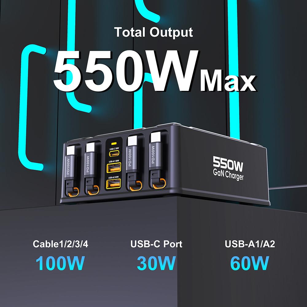 7-в-1 Зарядная станция 550 Вт с выдвижным USB C кабелем 100 Вт Быстрое зарядное устройство GaN для MacBook Pro iPhone 17 Samsung Ноутбука Планшета