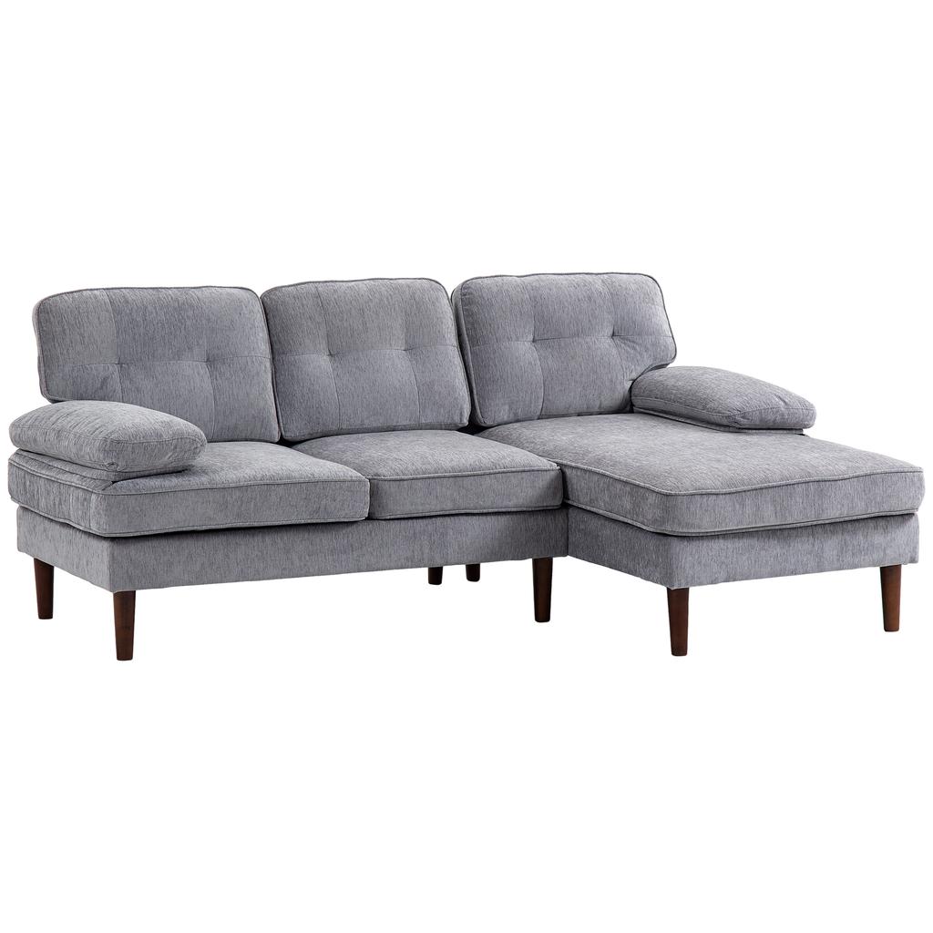 Corner Sofa, 3-Seater, L-Shape, Chenille, Wooden Legs, Armrests, 215 x 142 x 88 cm, Grey