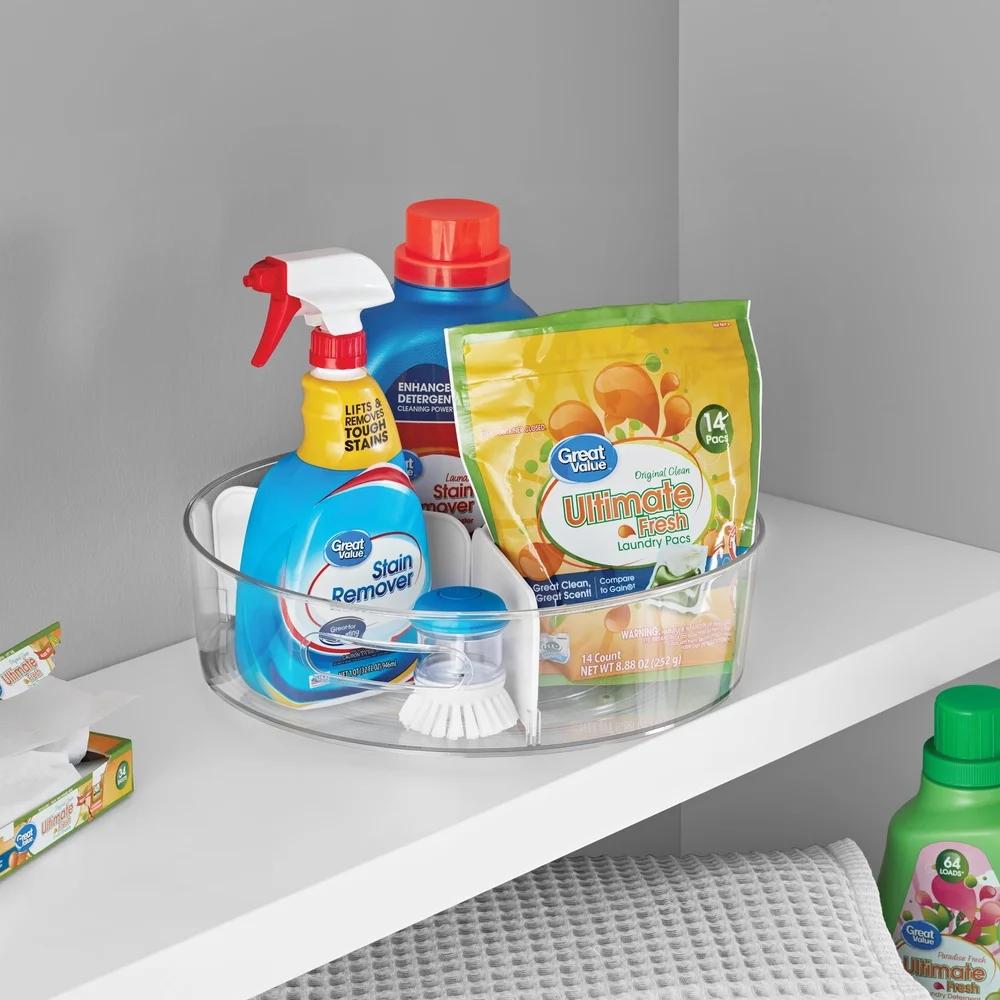 Clear Lazy Susan Turntable with Removable Dividers Storage Solution Kitchen Bathroom Laundry Room Organization Easy Carry Handle