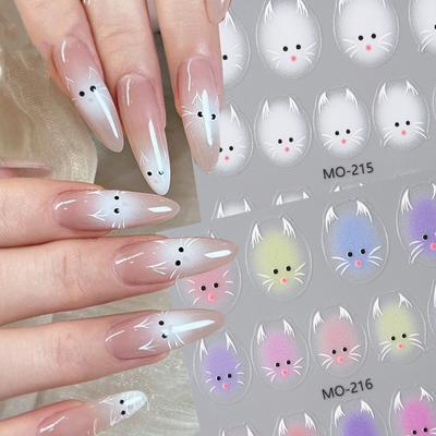Милые наклейки для ногтей с белым котом, наклейки 5D, котенок, чернила, цветущие цветы, украшения для ногтей, кавайные наклейки для мультфильмов, летний маникюр