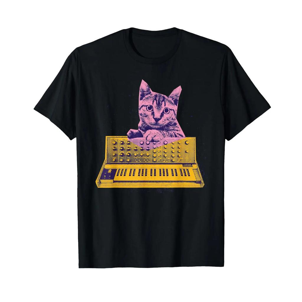 Analog Synth Cat Retro Synthesizer Music Producer Funny T Shirt Vintage Top For Everyday Wear Designer Clothes Slightly