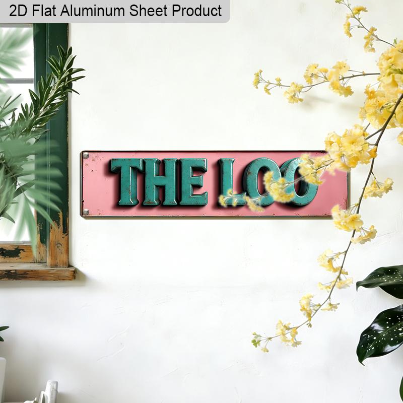 2D Flat 1pc Vintage British Humor Aluminum Sign "THE LOO" with Distressed Pink Background & Green Letters 15.7x3.94 Inch, Retro Metal Wall Plaque for