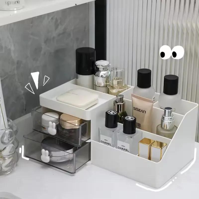 Transparent Desktop Cosmetic Storage Box Drawer Organizer with Pen Holder Stationery Storage Rack for Office Desks Makeup