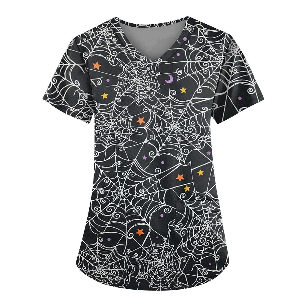 Женская мода повседневный топ с v-образным вырезом и короткими рукавами на Хэллоуин с карманами и принтом