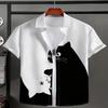 Daily Casual Men's Black and White Cat Pattern Printed Short Sleeved Button Fashion Shirt Suitable for Summer Vacation and Outdoor Activities