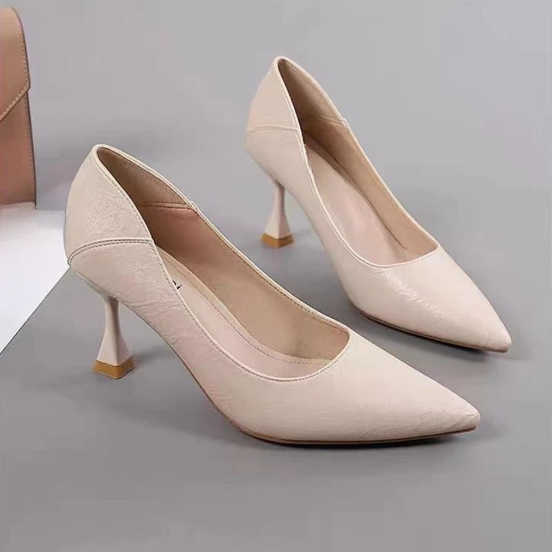 Женская Мода Туфли на Тонком Каблуке Осень Новые Остроносые С Мелким Вырезом Слипоны Темперамент Высокий Каблук Туфли с Низким Верхом