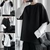 Men T-shirt Fake Two Piece Round Neck Long Sleeve Contrast Color Pullover Spring Loose Patchwork Bottoming Shirt Streetwear