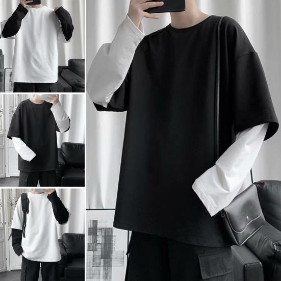 Men T-shirt Fake Two Piece Round Neck Long Sleeve Contrast Color Pullover Spring Loose Patchwork Bottoming Shirt Streetwear
