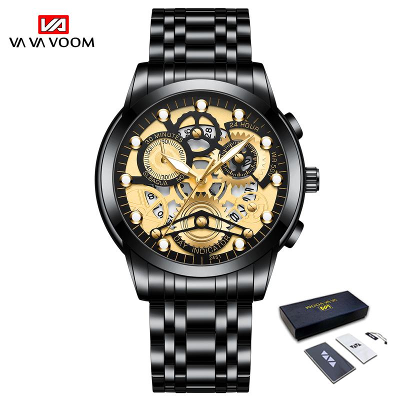 VA VA VOOM Золотые полые светящиеся кварцевые часы Часы со скелетом Мужские часы Импортные механизмы Деловые виды спорта для мужа Подарок Мужские часы из нержавеющей стали