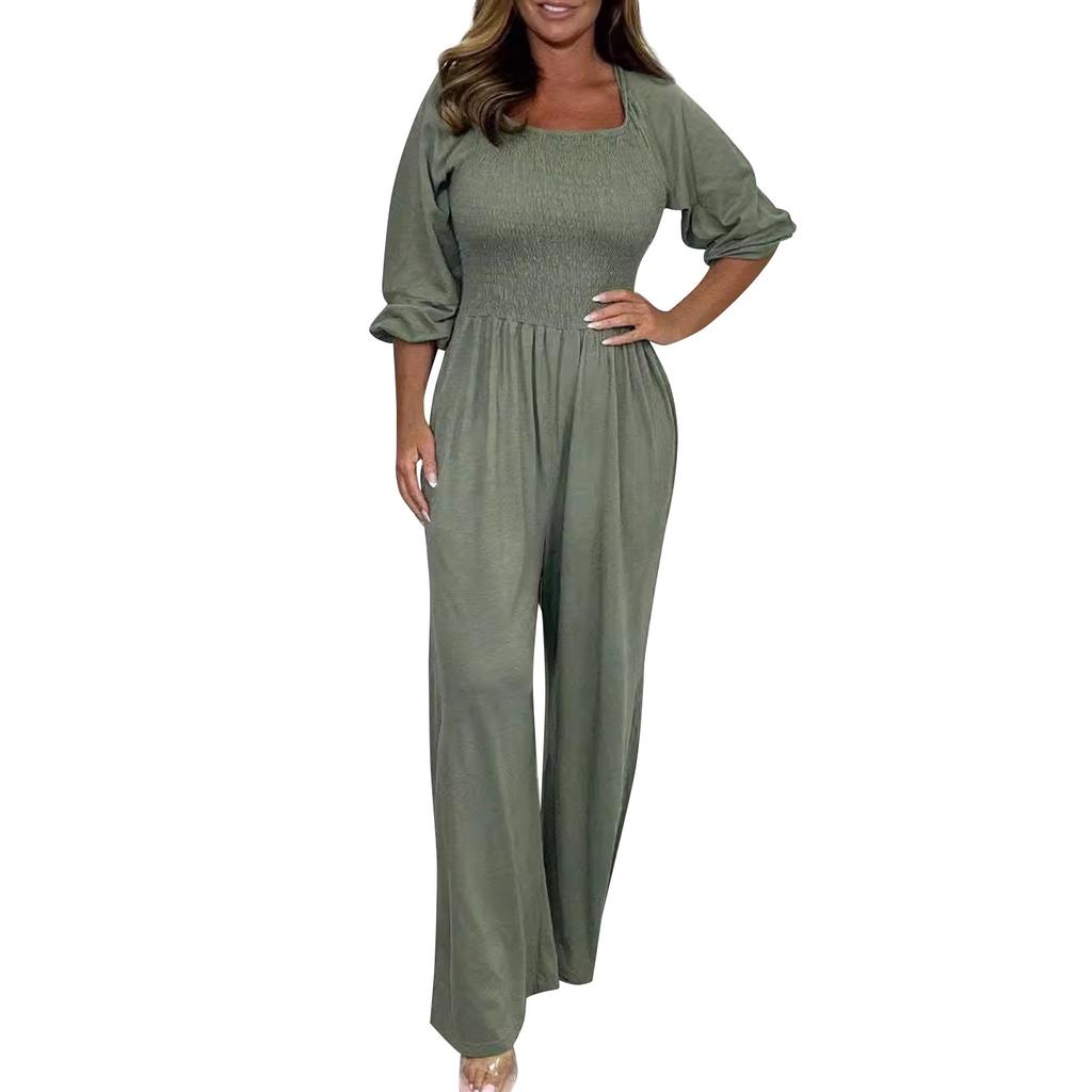 Women's Casual Solid Color Elastic Waistband Raglan Sleeves Draped Wide Leg Jumpsuit