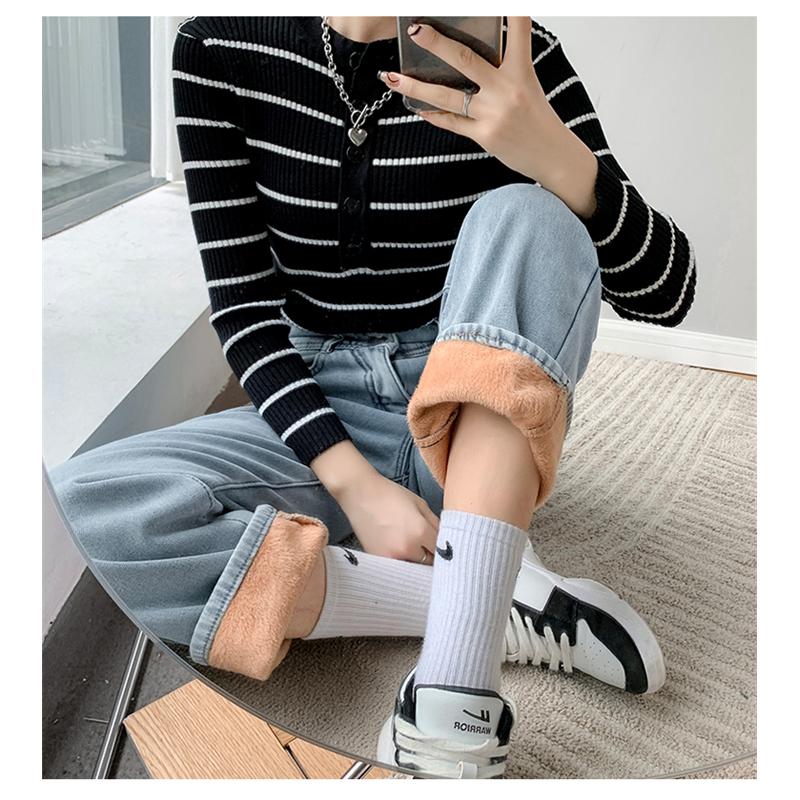 Винтажные женские джинсы с высокой талией, зимние толстые теплые уличные джинсы, широкие джинсы, женские джинсовые брюки, прямые мешковатые джинсовые брюки для мам