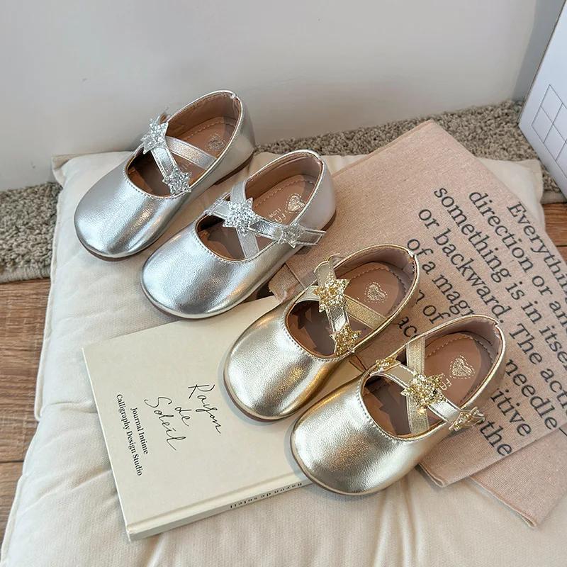 Детские туфли на плоской подошве, однотонные, универсальные, для девочек, танцевальная обувь, мягкая подошва, 2024, новые модные детские туфли принцессы со звездой