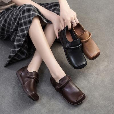 Повседневные туфли на плоской подошве из натуральной кожи с квадратным носком в стиле ретро для поездок на работу, удобные женские туфли на мягкой подошве