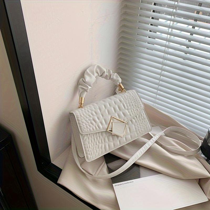 Trendy Crocodile Pattern Handbag, Top Ruched Handle Square Wallet for Women, Solid Color Textured Bag