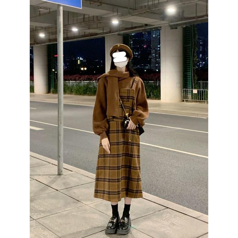 Сладкое соленое платье-сарафан в клетку с цветными блоками и комплект свитера с длинным рукавом для весны/осени