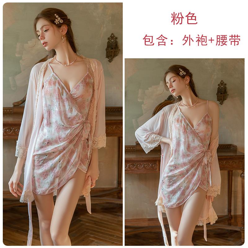 Women's Chiffon Print One Piece Slit Lace Up Bodycon Backless Sleep Dress with Robe Lounge Set