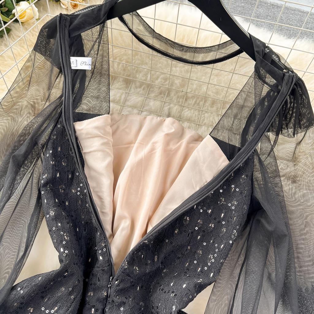 Элегантные вечерние платья русалки с блестками, женские тонкие лоскутные черные сетчатые кружевные длинные вечерние платья с расклешенными рукавами, женская одежда для выпускного вечера