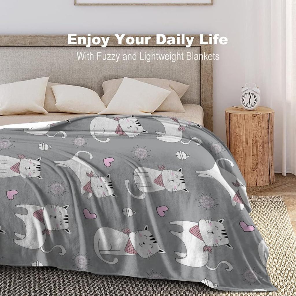 Cartoon White Cat Flannel Throw Blanket Pink Heart Bandana Kitten Print Soft Warm Blanket Kids Sofa Decor