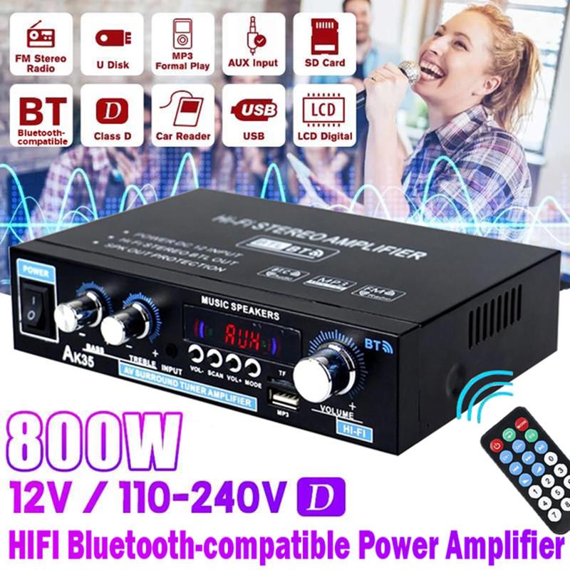 AK35 800 Вт усилители мощности 2 канала Bluetooth 5.0 объемный звук FM USB пульт дистанционного управления мини HIFI цифровой усилитель стерео