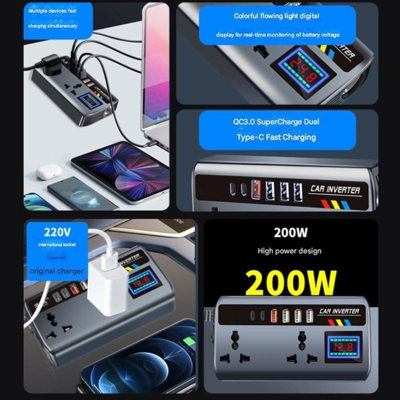 Мощный автомобильный инвертор 12В/24В на 220В 200Вт с портом USB Type-C, адаптер питания для зарядки телефона, для путешествий, мониторинга