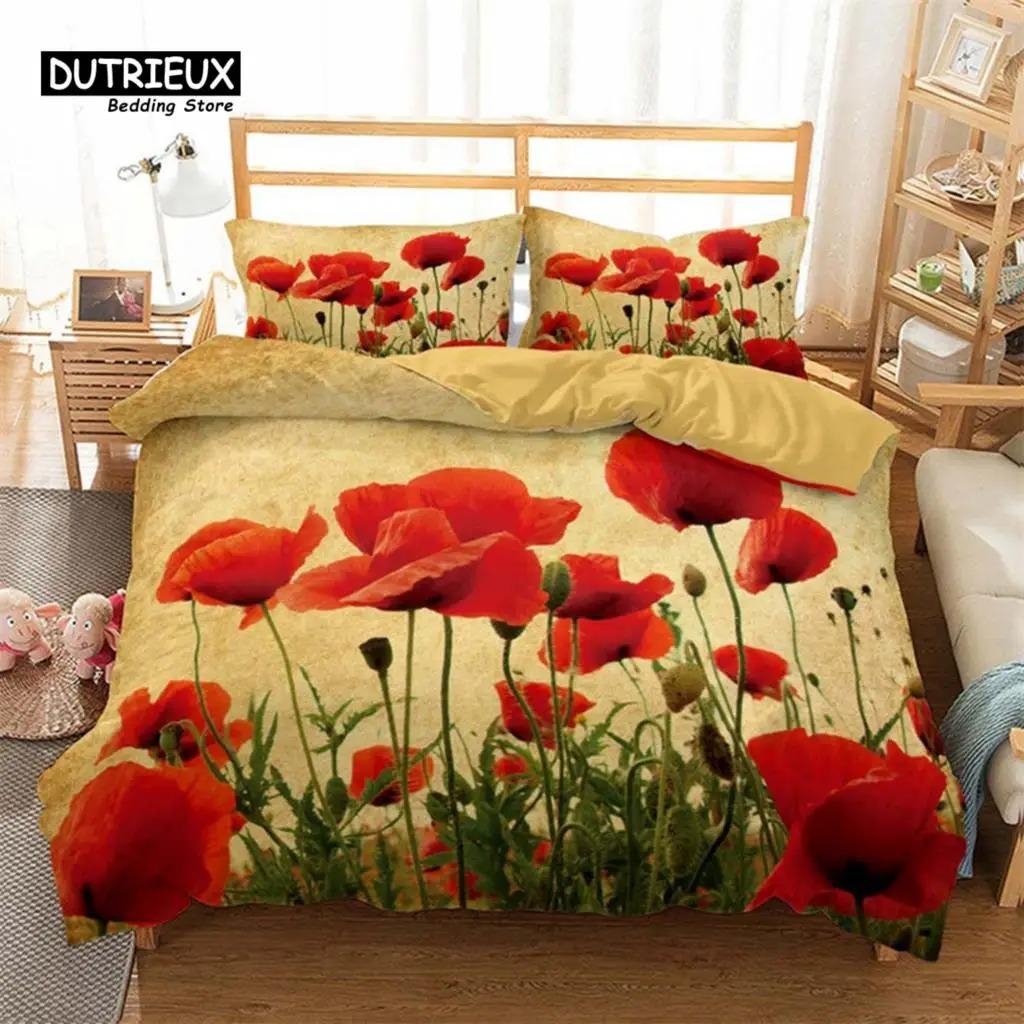 Soft Floral Duvet Cover With Pillowcases Summer Flowers 3D Print Bedding Collection King Queen Size For Adults Kids Girls Teens Decor