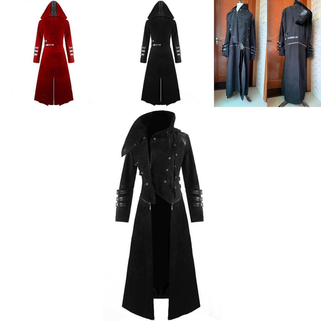 Элегантное мужское длинное готическое стимпанк-тренч-пальто с капюшоном и дизайном в стиле корсета