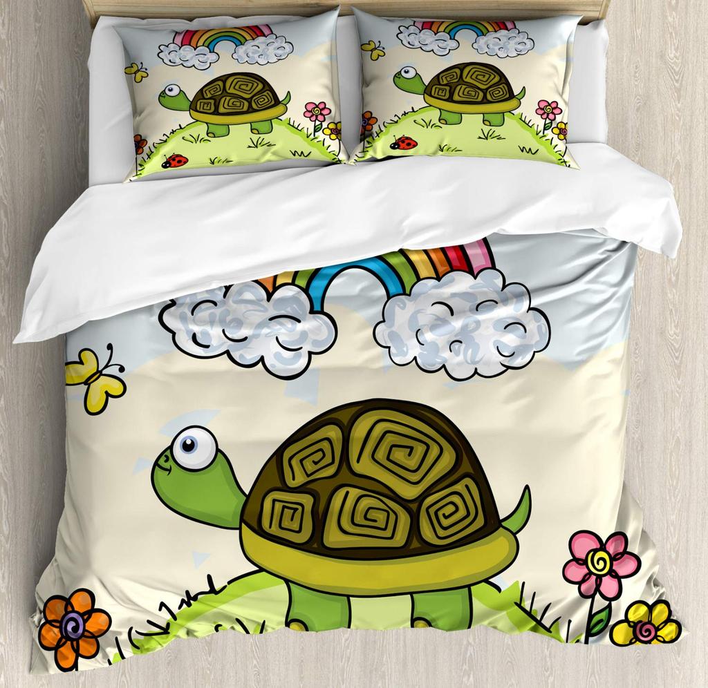 Turtle Butterfly And Flower Duvet Cover For Kids Boys Girls Lightweight Quilt Cover With 2 Pillowcase Cartoon Turtle Bedding Set