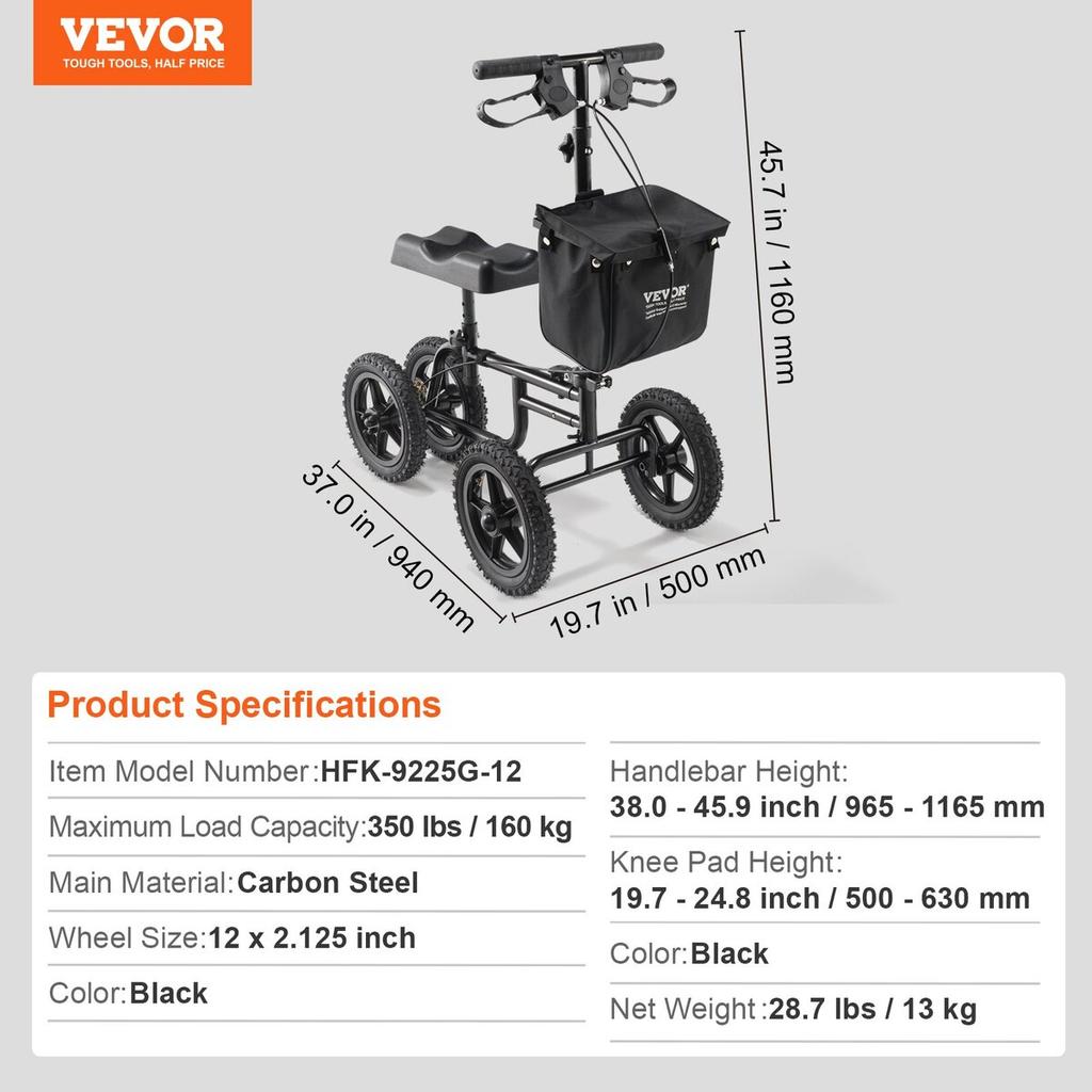 Folding Knee Scooter, Carbon Steel Steerable Knee Walker with Height-Adjustable Handlebar & Knee Pad, 12" All-Terrain Wheel, Dual Brakes, Leg Recovery