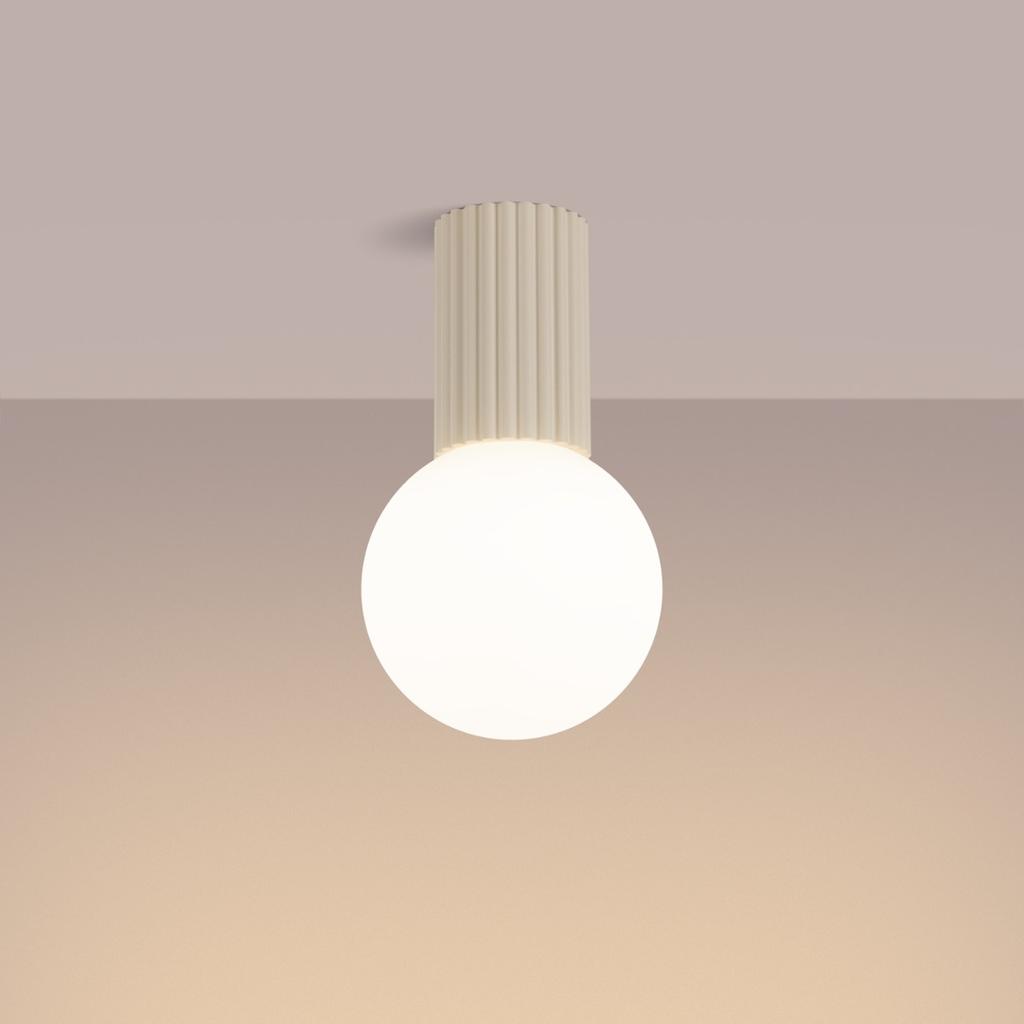 Spot Sufitowy Nowoczesny Beżowy Ryflowany Korpus Szklana Biała Kula Do Łazienki Przedpokoju 1Xg9 8W Ip44 Halo Sollux Lighting