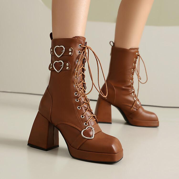 9Cm Square Heel Waterproof Platform Short Boots Heart-Shaped Metal Buckle Rivets Leather Short Plush Winter Ankle Boots 35-45