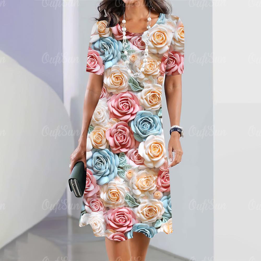 New Women's Dresses Flower Printed Summer Vacation Elegant Dress Feamle Short Sleeve Dresses Fashion Oversized Clothes