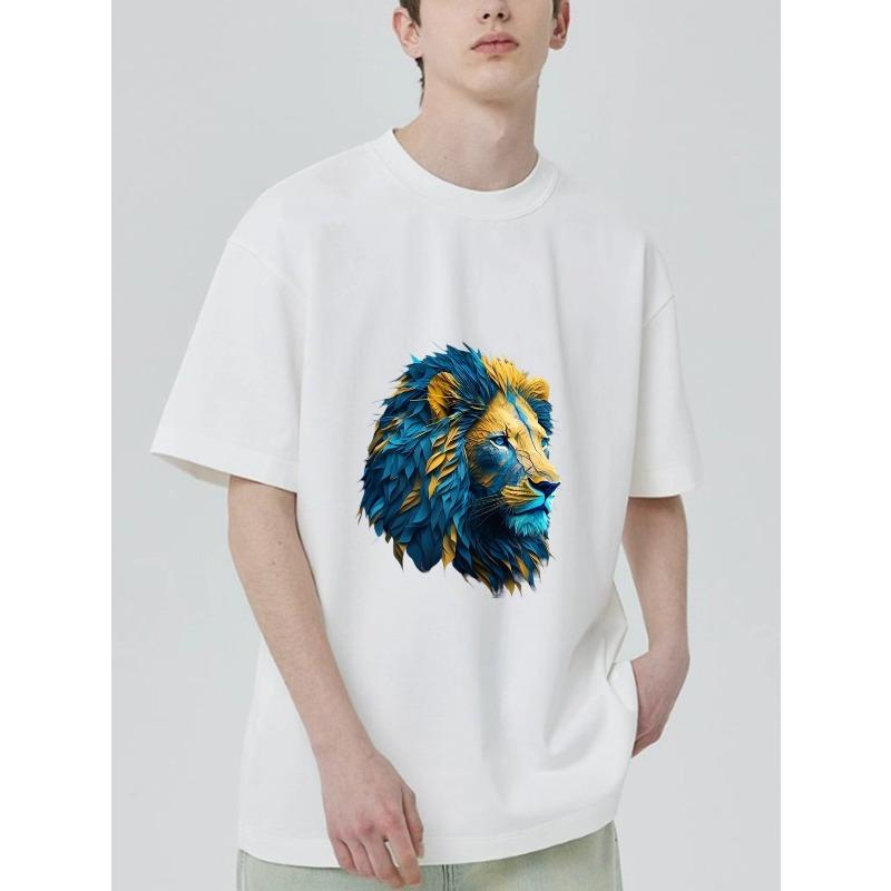 Lion Head Graphic T Shirt Black Blue and Yellow Lion Print Casual Wear for Men and Women Streetwear Fashion Unisex Top