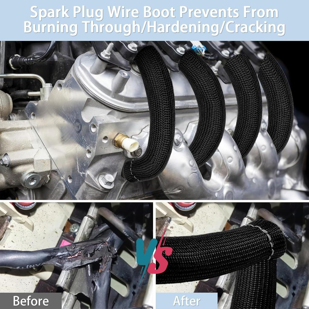 Spark Plug Wire Heat Shield, 8Pcs 2500° Spark Plug Boot, Spark Plug Heat Shield Sleeve for SBC BBC 350 454 Plug Boot Protector, 6 Inch Black